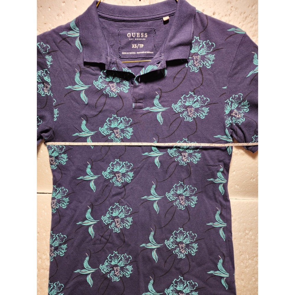 Guess Top Womens XL Blue Floral Short Sleeve Blouse Tank Collared Quarter Button - Picture 11 of 15